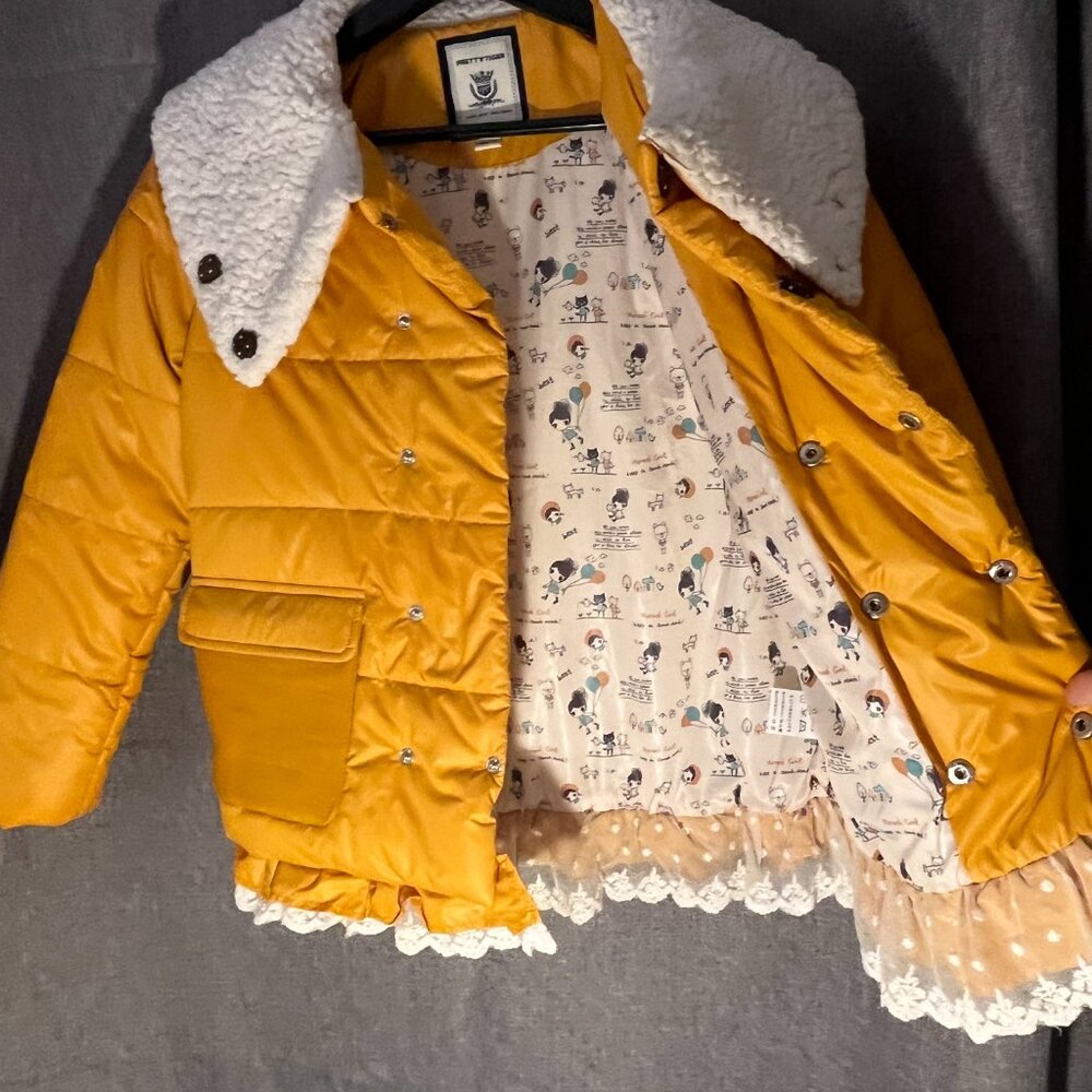 Purad Girl Yellow Puffy Jacket with Faux Sherpa Collar and Lace Trim - US Sz 12 - Picture 11 of 13